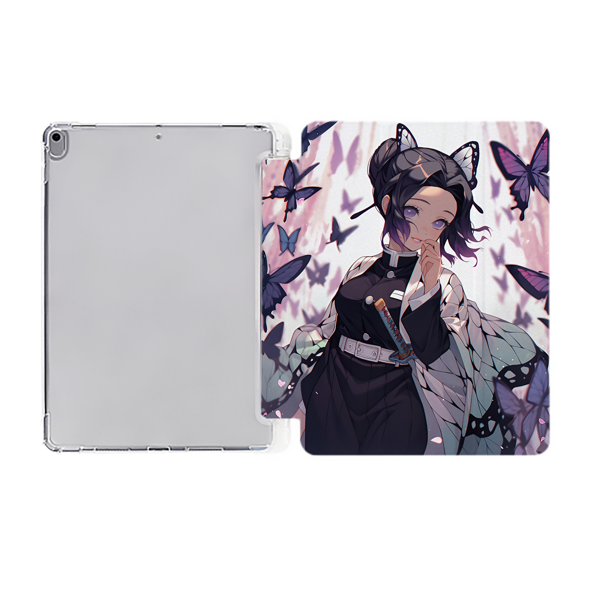 （画像用） 鬼滅の刃（きめつのやいば）蟲柱-胡蝶 しのぶ／こちょう しのぶ Kochou Shinobu IPad ケース ペン収納付き 三つ折りスタンド PUレザー×シリコン 対応機種9.5/10.5/10.9インチ